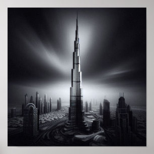 Poster Dubai Skyline Majestade - Burj Khalifa em Monocrom