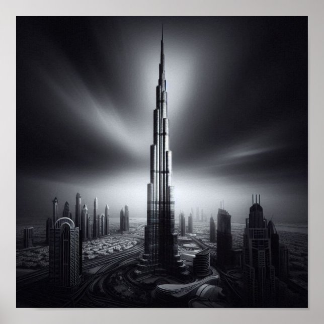 Poster Dubai Skyline Majestade - Burj Khalifa em Monocrom (Frente)