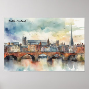 Poster Dublin Ireland City Silhouette Watercolor Painting