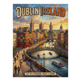 Póster Dublin Irlanda Cartaz de Viagem Antigo Cidade de L