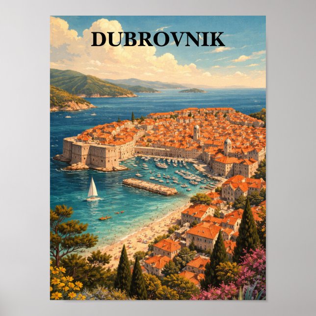 Poster Dubrovnik Croácia Arte de Viagem Vintage (Frente)