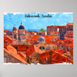 Poster Dubrovnik Croácia Watercolor Painting Viagem