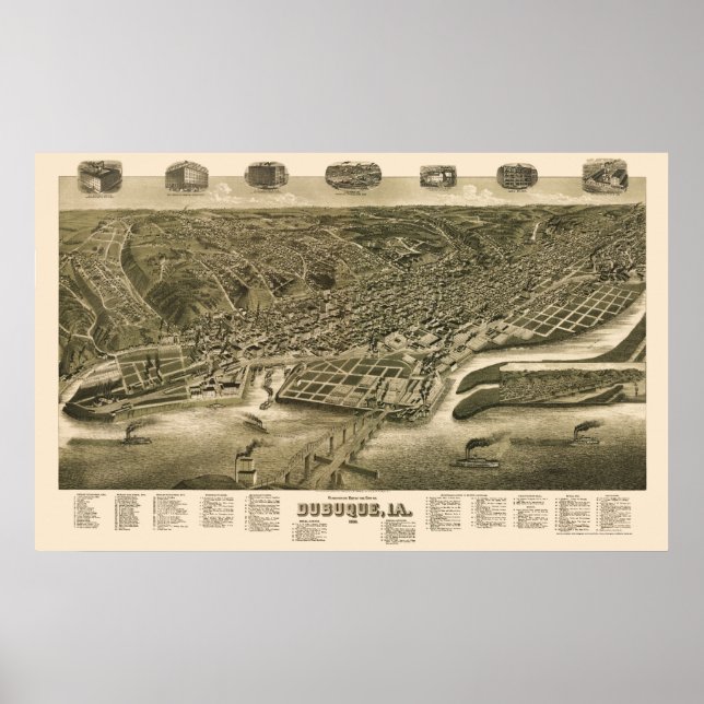 Póster Dubuque, Mapa Panorâmico de Iowa - 1889 (Frente)