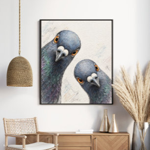 Poster Duo de Pombos Curiosos   Pássaro Gráfico Caprichos