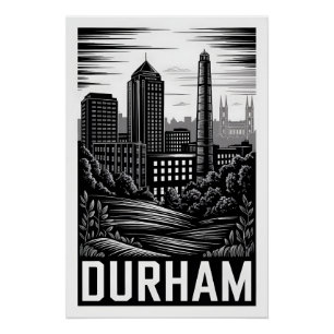 Póster Durham Carolina do Norte Preto Branco Xilogravura