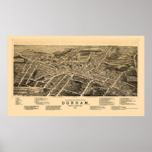 Póster Durham, mapa panorâmico do NC - 1891