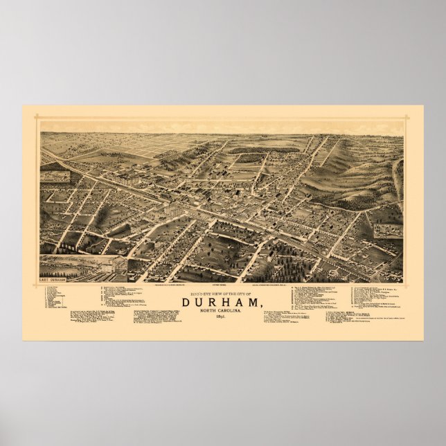 Póster Durham, NC Panorâmica - 1891 (Frente)