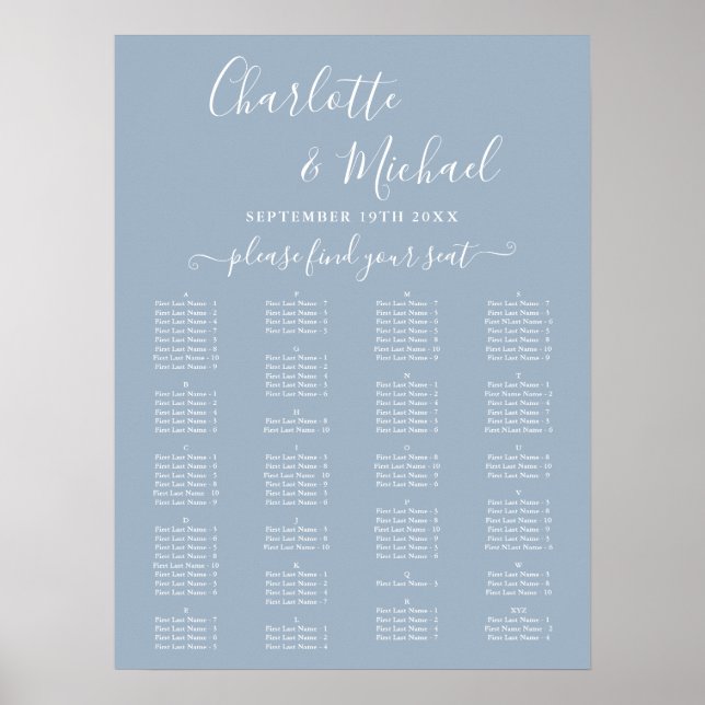 Poster Dusty Blue Alphabetical Wedding Seating Chart (Frente)