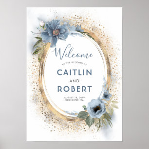 Poster Dusty Blue and Gold Glitter Wedding Sign