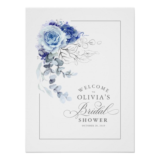 Póster Dusty Blue and Silver Bridal Shower Welcome (Frente)