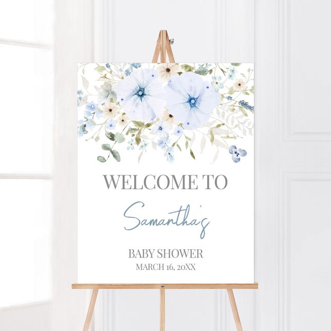 Poster Dusty Blue Baby Bloom Chá de fraldas Bem-vindo (Boy Spring Flowers Baby Shower Welcome Sign)