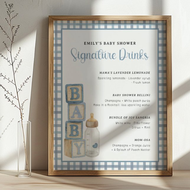 Poster Dusty Blue Baby Shower Signature Drinks Sign  (Baby Shower Signature Drinks)
