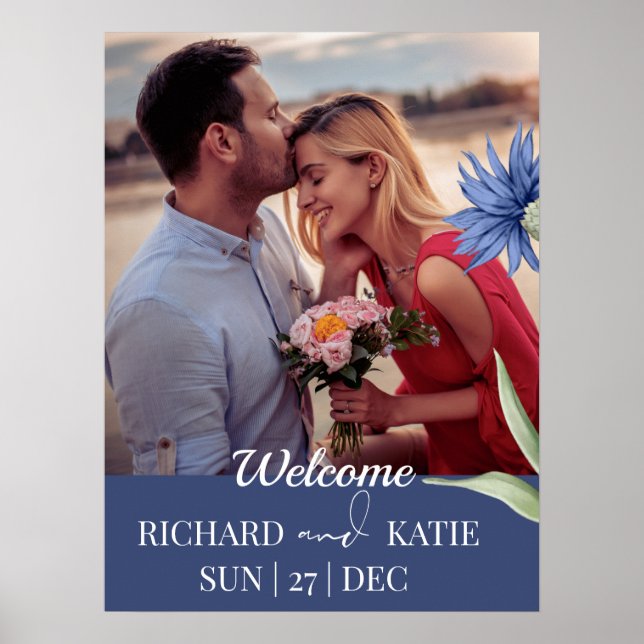 Poster Dusty Blue Bold Floral Na moda Código QR Casamento (Frente)