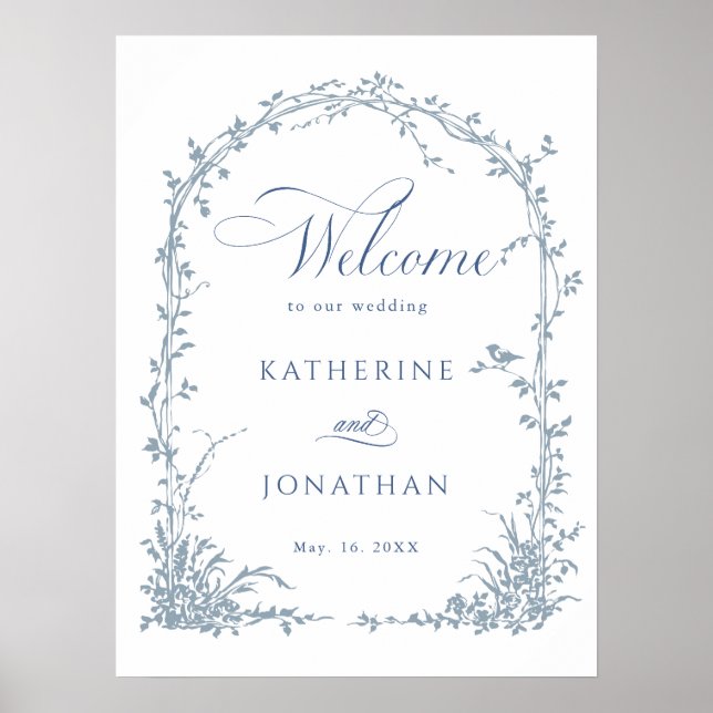Poster Dusty Blue Botanical Arch Garden Wedding Welcome  (Frente)
