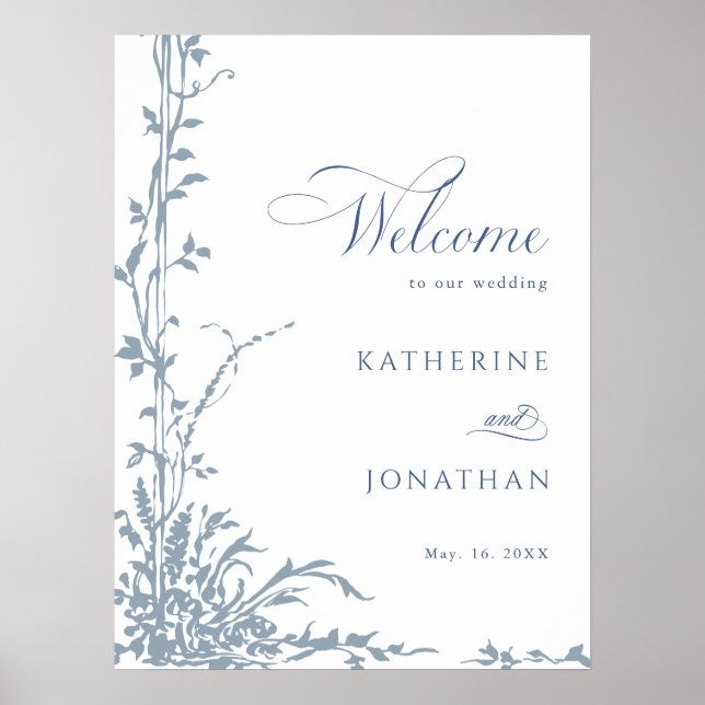 Poster Dusty Blue Botanical Garden Wedding Welcome  (Frente)