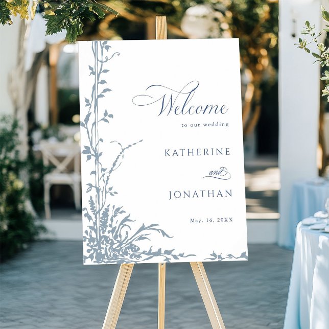 Poster Dusty Blue Botanical Garden Wedding Welcome  (Criador carregado)