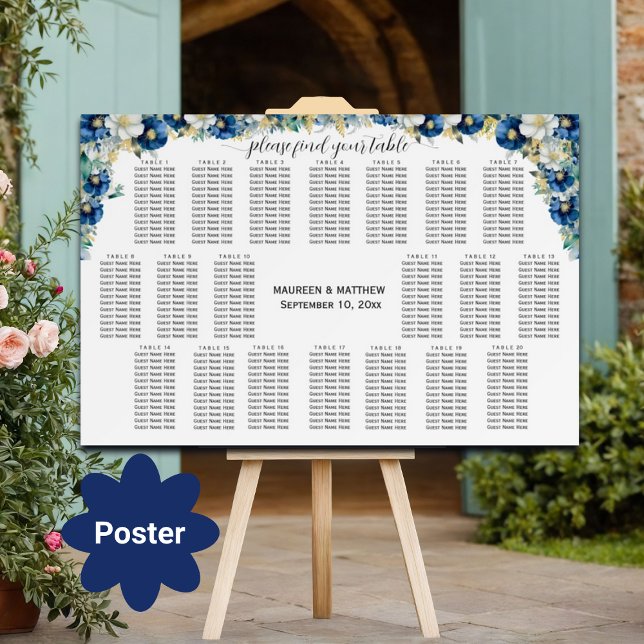Poster Dusty Blue Dourado Floral 20 Mesas Casamento (Criador carregado)