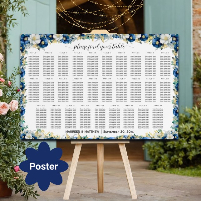Poster Dusty Blue Dourado Floral 29 Mesas Casamento (Criador carregado)