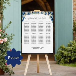 Poster Dusty Blue Dourado Floral 8 Mesas Casamento