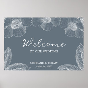 Poster Dusty Blue e White Floral Line Art
