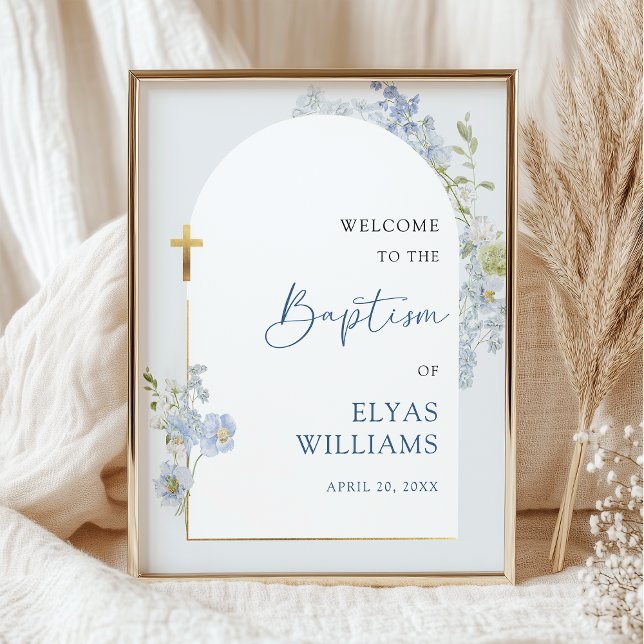 Poster Dusty Blue Floral Arched Boy Baptism Welcome Sign (Criador carregado)