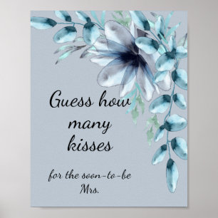 Poster Dusty blue floral how many kisses bridal shower 