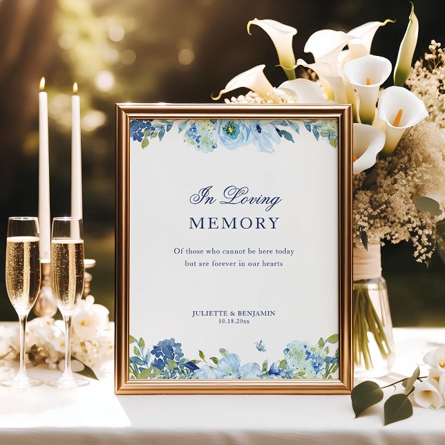 Poster Dusty Blue Floral No Amor Memória Sinal De Casamen (Dusty blue, floral In Loving Memory wedding memorial sign)