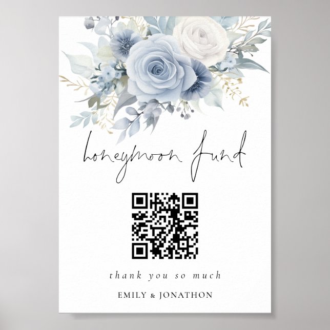 Poster Dusty Blue Florals QR Code Honeymoon Fund Casament (Frente)
