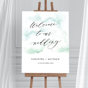 Poster Dusty Blue, Green Watercolor Wedding Welcome Sign