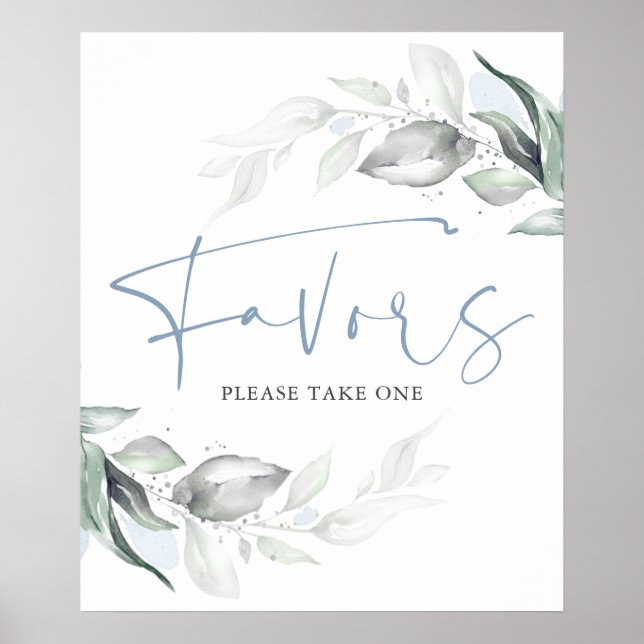 Poster Dusty Blue Greenery e Silver Leaves Sinal de Favor (Frente)