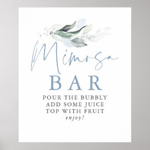 Poster Dusty Blue Greenery Silver Leaves Mimosa Bar Sign