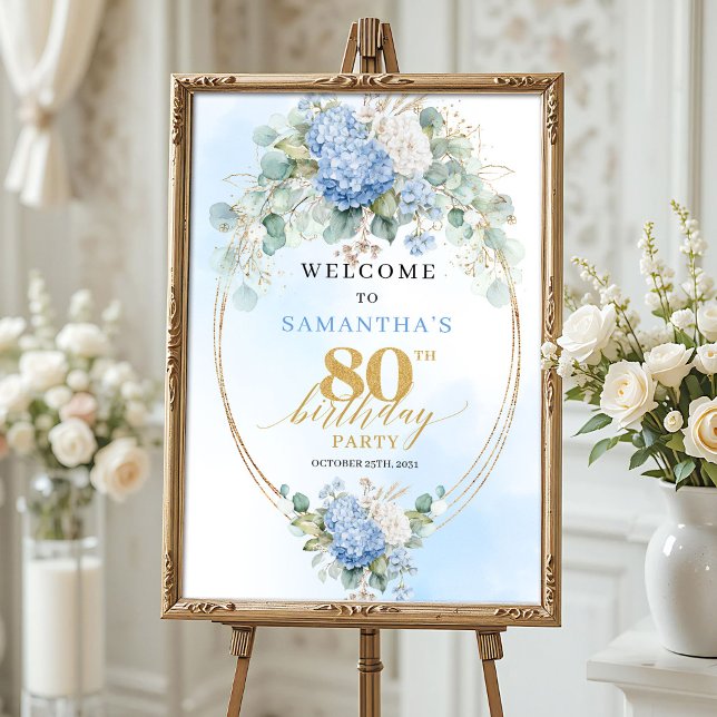 Poster Dusty Blue Hydrangeas Boho Gold 80th birthday  (Celebrate 80 wonderful years with this watercolor hydrangea welcome sign. Dusty blue and gold floral)