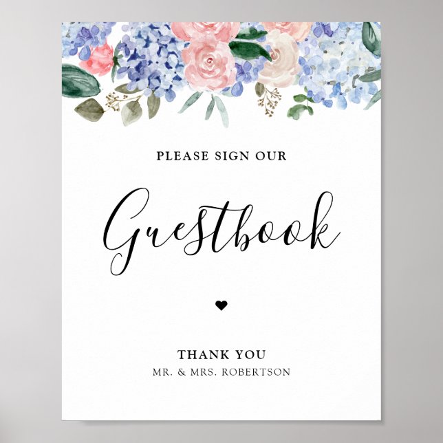 Poster Dusty blue hydrangeas pink please sign guestbook (Frente)