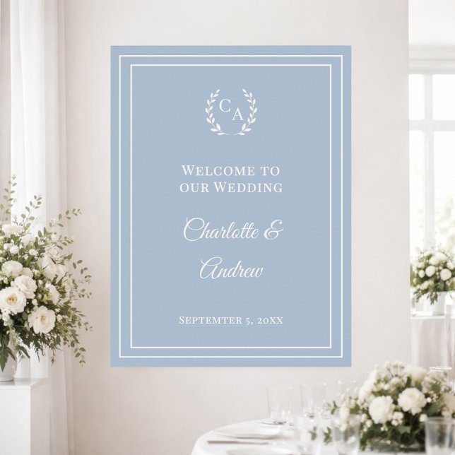 Poster Dusty blue ivory monogrammed wedding welcome (Criador carregado)