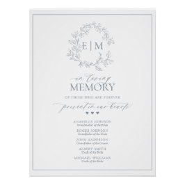 Póster Dusty Blue Leafy Crest Monograma Em Memória Adoráv