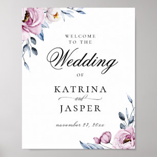 Poster Dusty Blue Mauve Floral Weding Bem-vindo