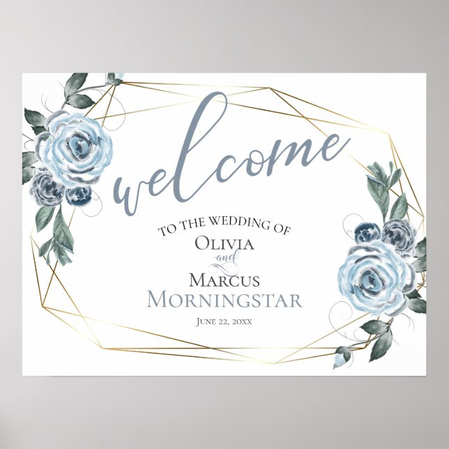 Poster Dusty Blue Rustic Floral Weding Welcome (Frente)
