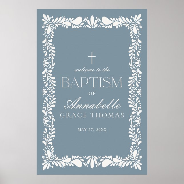 Poster Dusty Blue Talavera Azulejo Fiesta Baptism Bem-vin (Frente)
