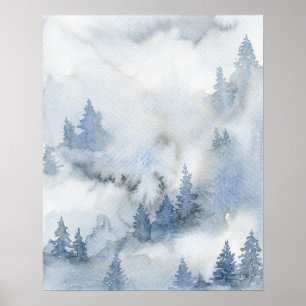 Poster Dusty Blue Watercolor Misty Abstrato Forest