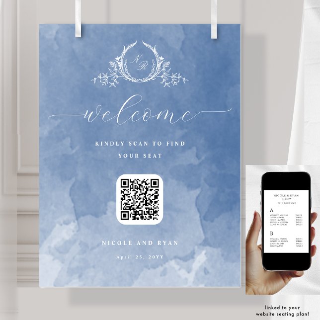 Poster Dusty Blue Wedch Monograma Código QR Sinal (Criador carregado)