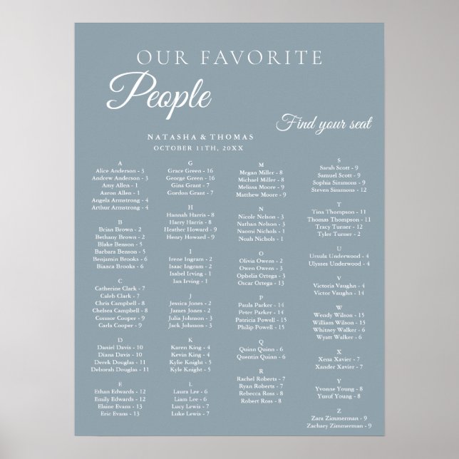 Poster Dusty Blue Wedding Alphabetical Seating Chart (Frente)