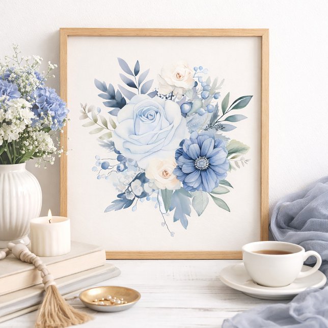 Poster Dusty Blue White Floral Home Decor (Serene dusty blue and white floral art print)