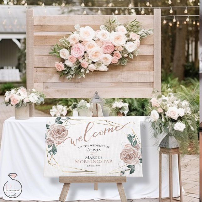 Poster Dusty Blush Russo Floral Rosa Caligrafia Bem-Vindo (Welcome Guests into your BOHO blush pink rose garden wedding)