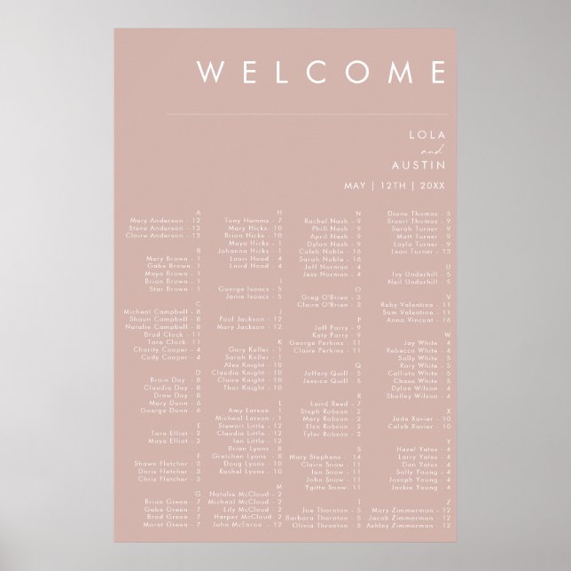 Poster Dusty Boho | Gráfico de assentos alfabéticos Rosa (Frente)