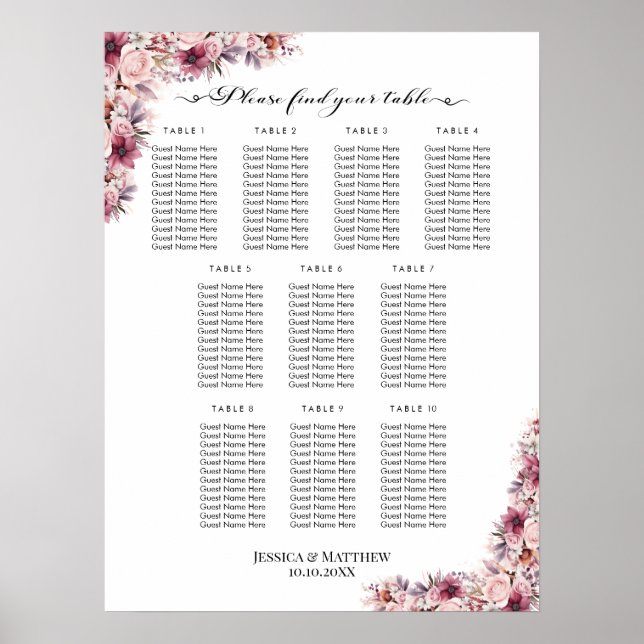 Poster Dusty Pink Boho Floral 10 Mesas Casamento (Frente)