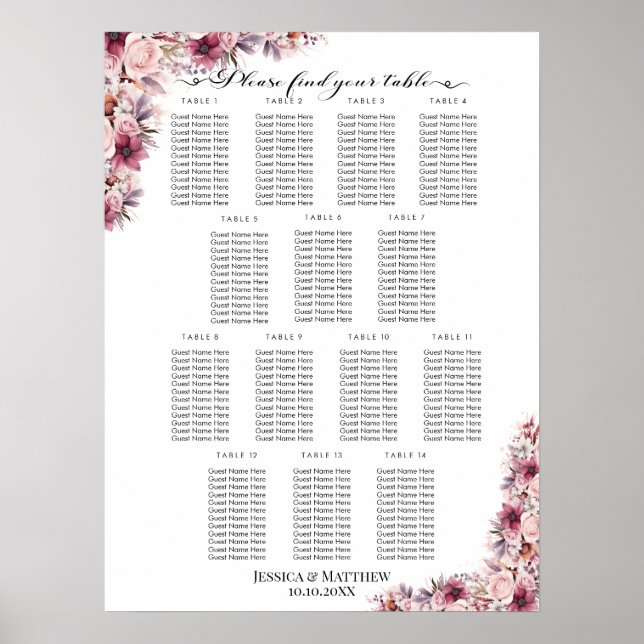 Poster Dusty Pink Boho Floral 14 Mesas Casamento (Frente)