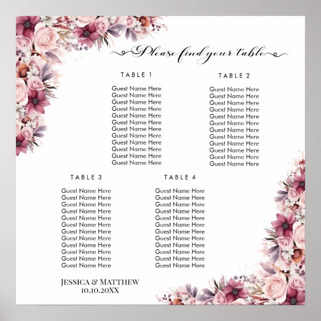 Poster Dusty Pink Boho Floral 4 Mesas Casamento (Frente)