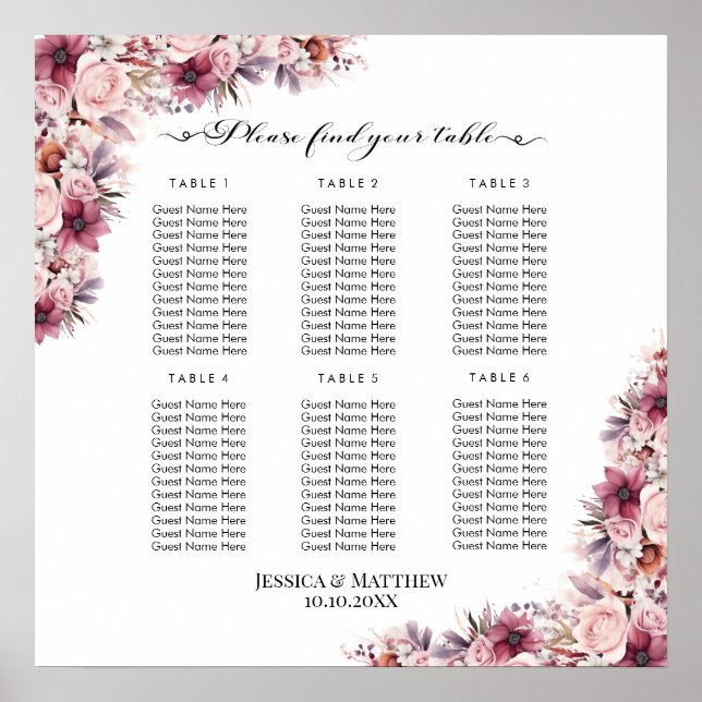 Poster Dusty Pink Boho Floral 6 Mesas Casamento (Frente)