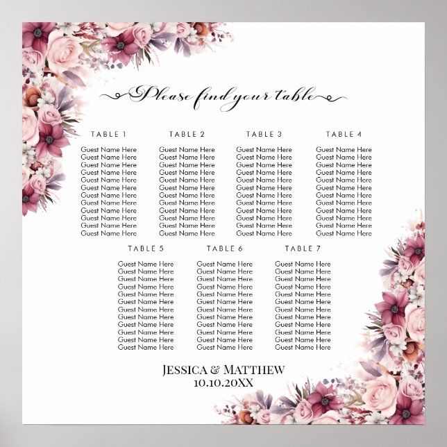 Poster Dusty Pink Boho Floral 7 Mesas Casamento (Frente)