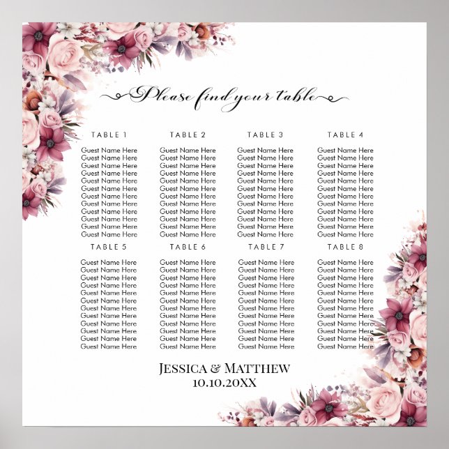 Poster Dusty Pink Boho Floral 8 Mesas Casamento (Frente)